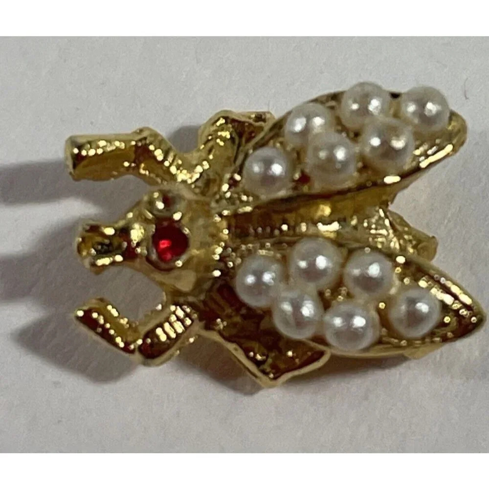 Vintage Gold Tone Tiny Fly Insect Faux Pearl Lapel Pin Pinback